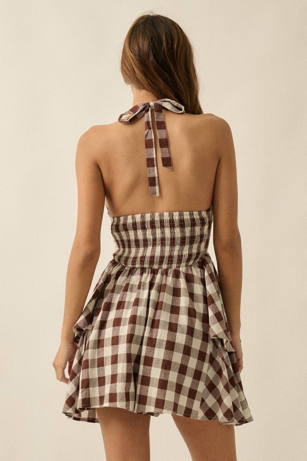 Gingham Plaid Ruffle Peplum V-Neck Halter Romper