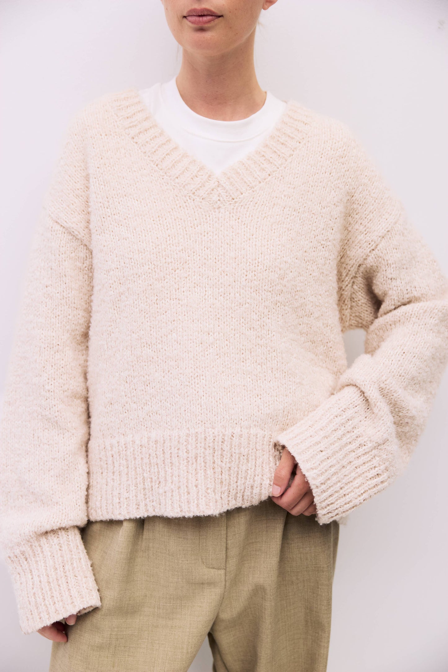 Oversized Boucle Knit V-Neck Sweater