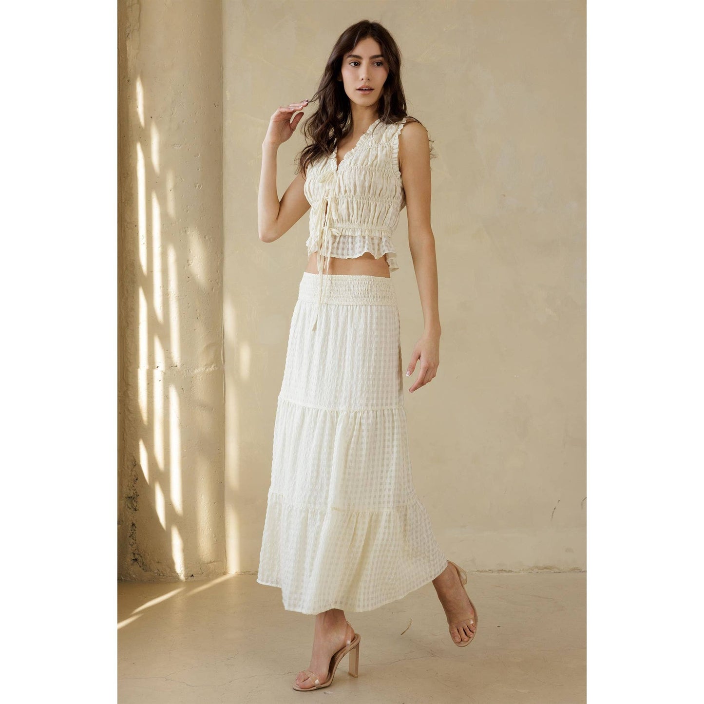 Cream Textured Midi Skirt