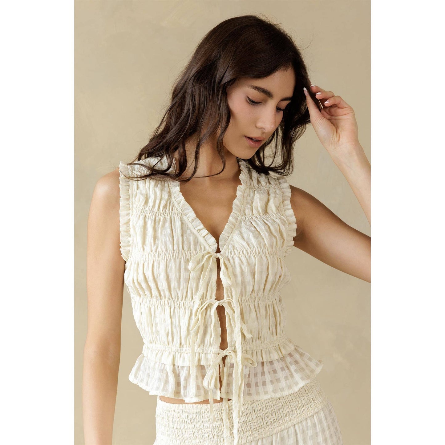 Cream Textured Smocked Blouse