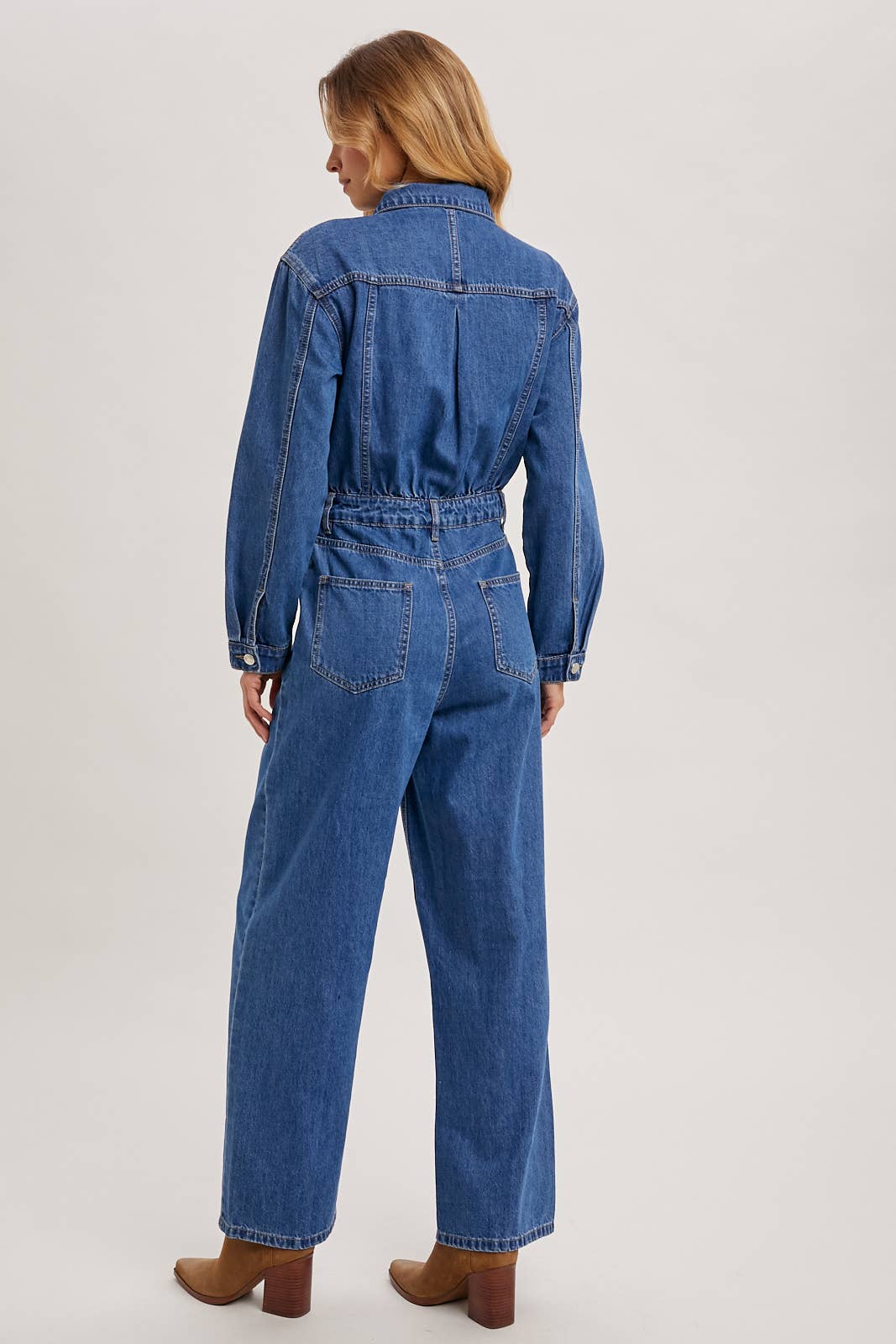 Button Down Denim Straight Leg Jumpsuit