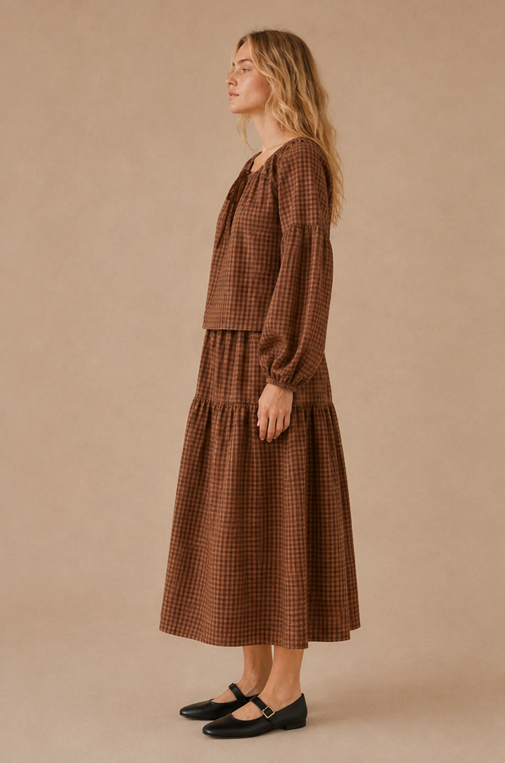 SA10167TS - Gingham Long Sleeve Top and Skirt Set