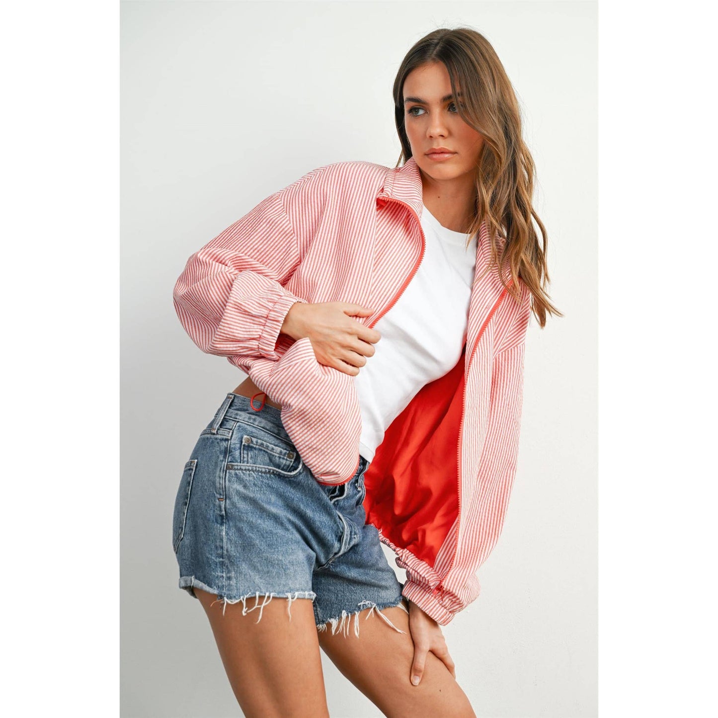Striped Collared Zip-Front Drawstring Jacket - BMJ7991