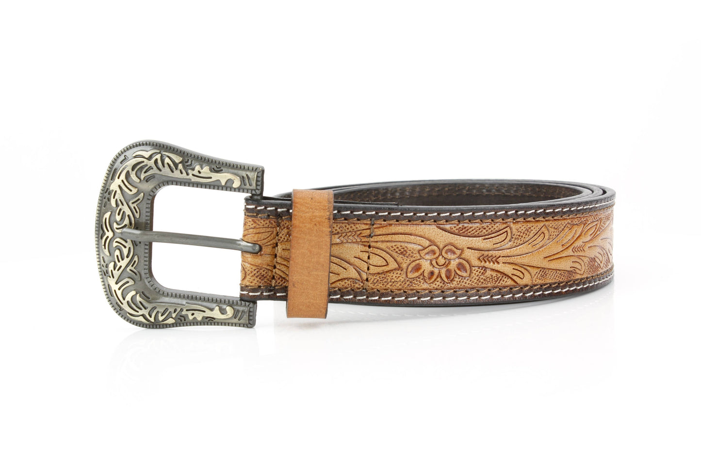 Tan Tooled Leather Floral Belt