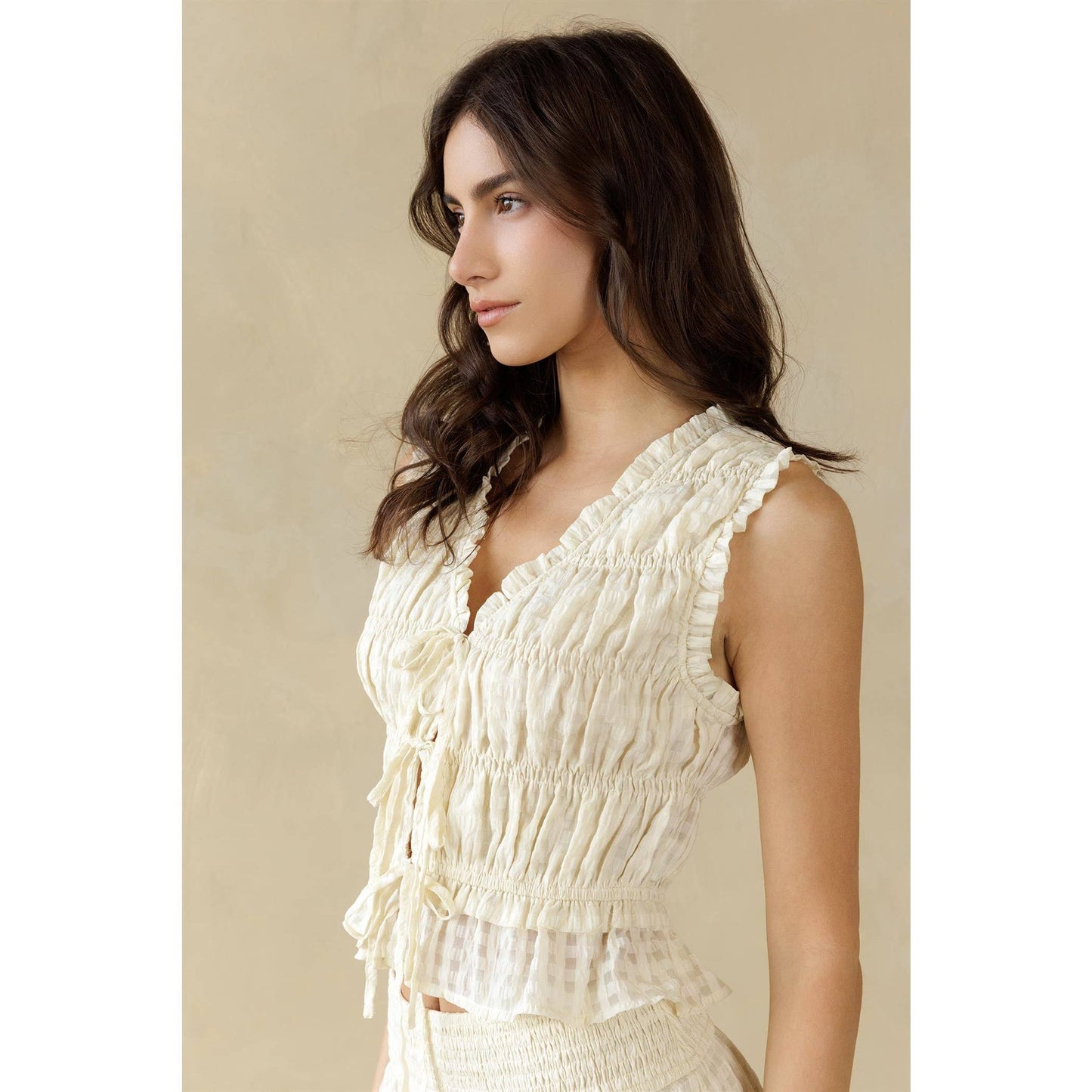 Cream Textured Smocked Blouse