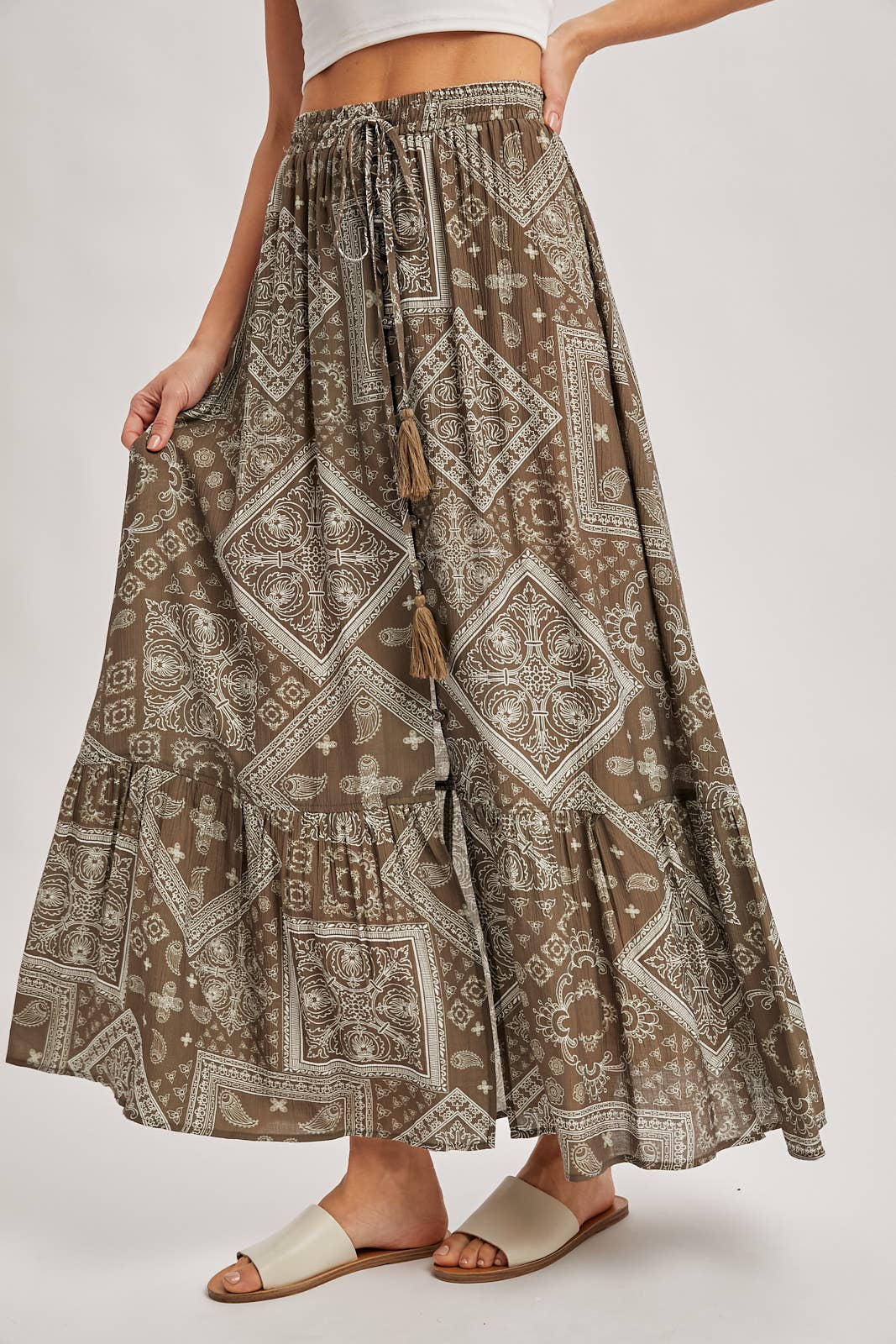 BOHO PRINT TIERED BUTTON DOWN FRONT MAXI SKIRT