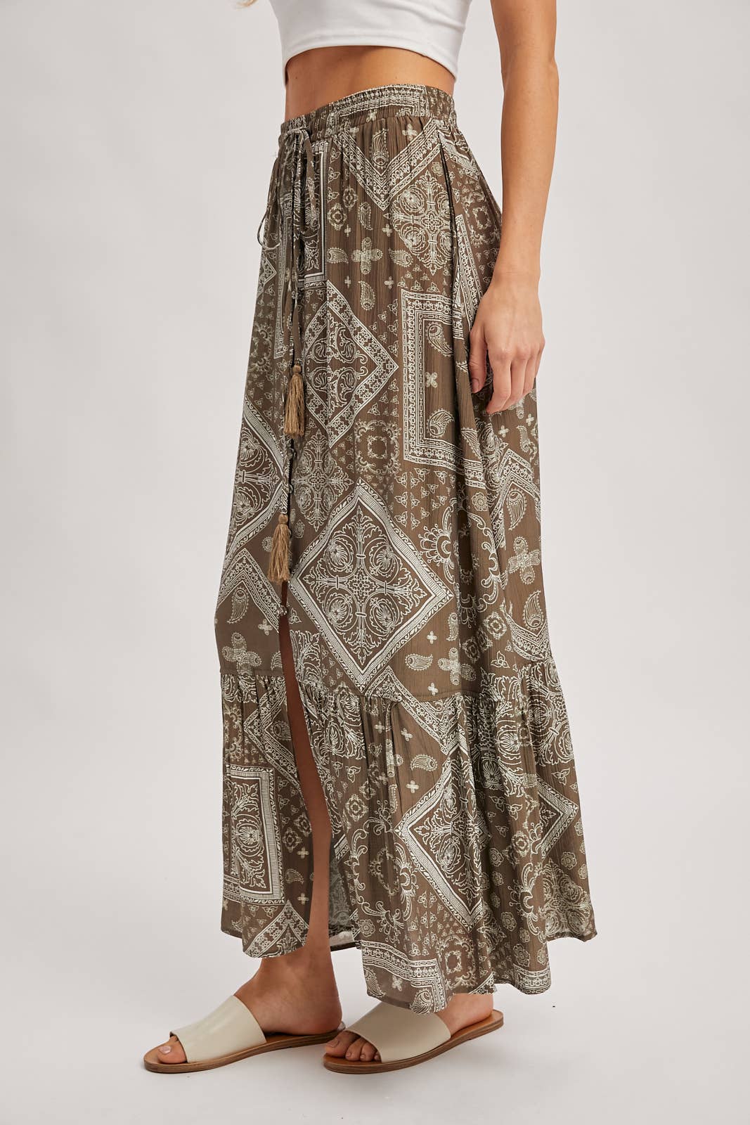 BOHO PRINT TIERED BUTTON DOWN FRONT MAXI SKIRT