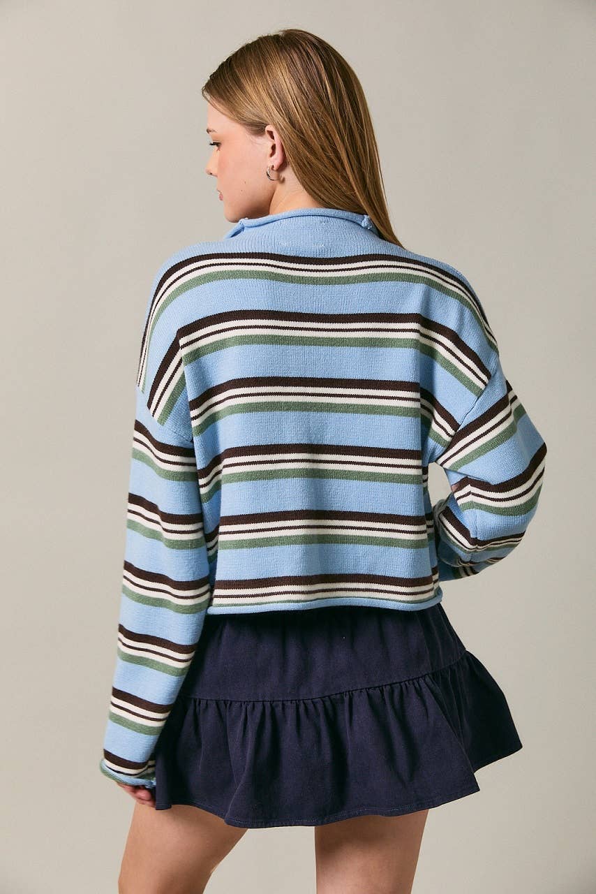 ROLL HEM BUTTONS DETAIL STRIPED CARDIGAN