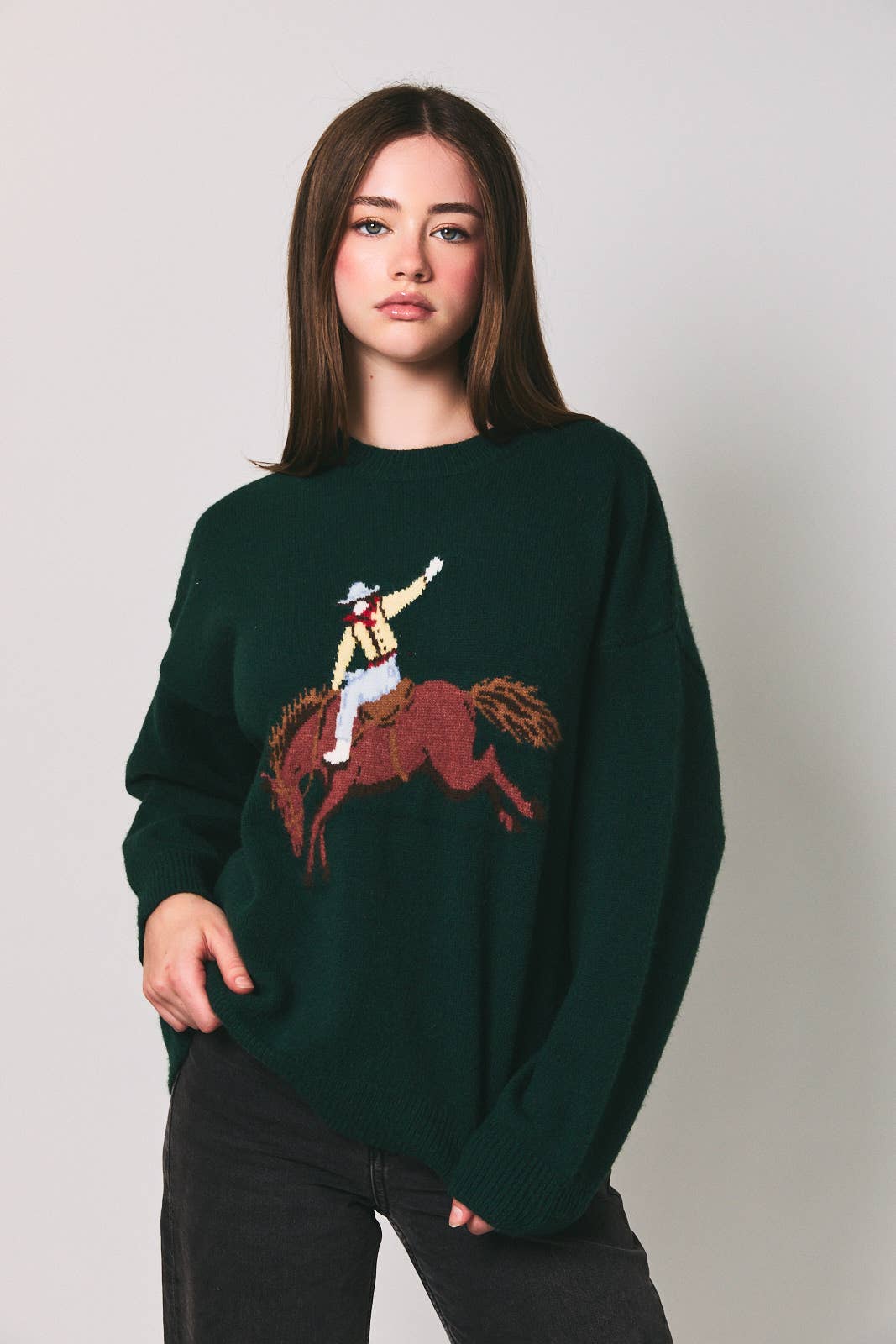 LONG SLEEVE CREW NECK COWBOY GRAPHIC OVERSIZED SWEATER