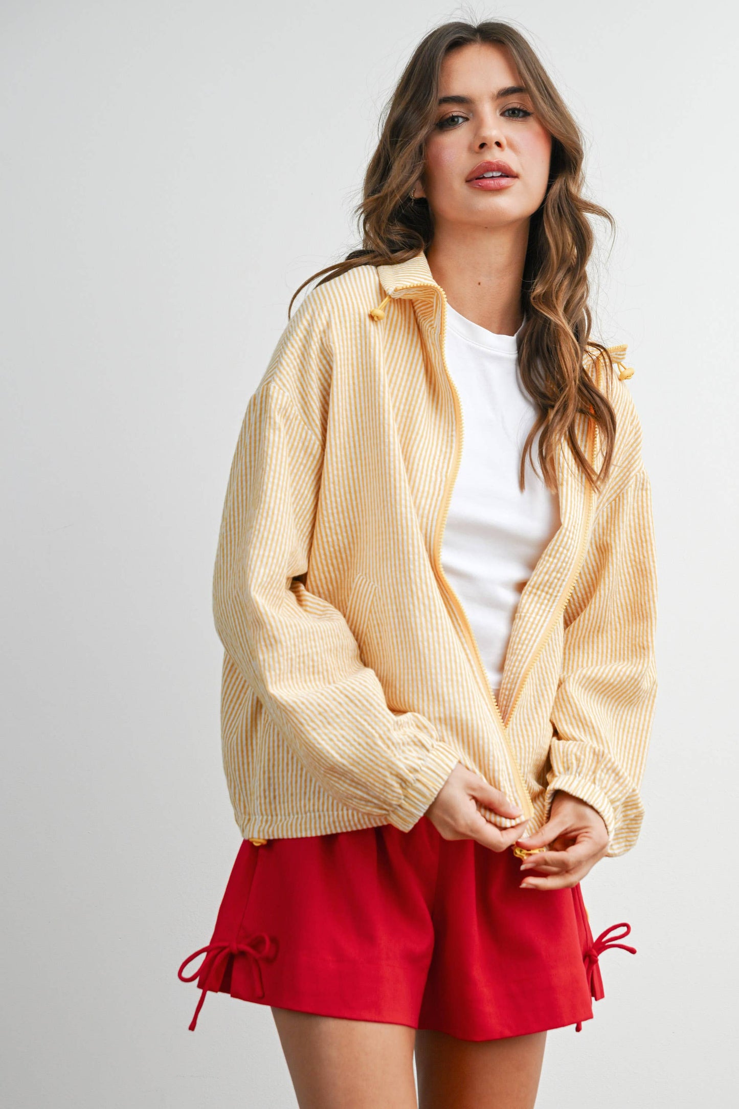 Striped Collared Zip-Front Drawstring Jacket - BMJ7991