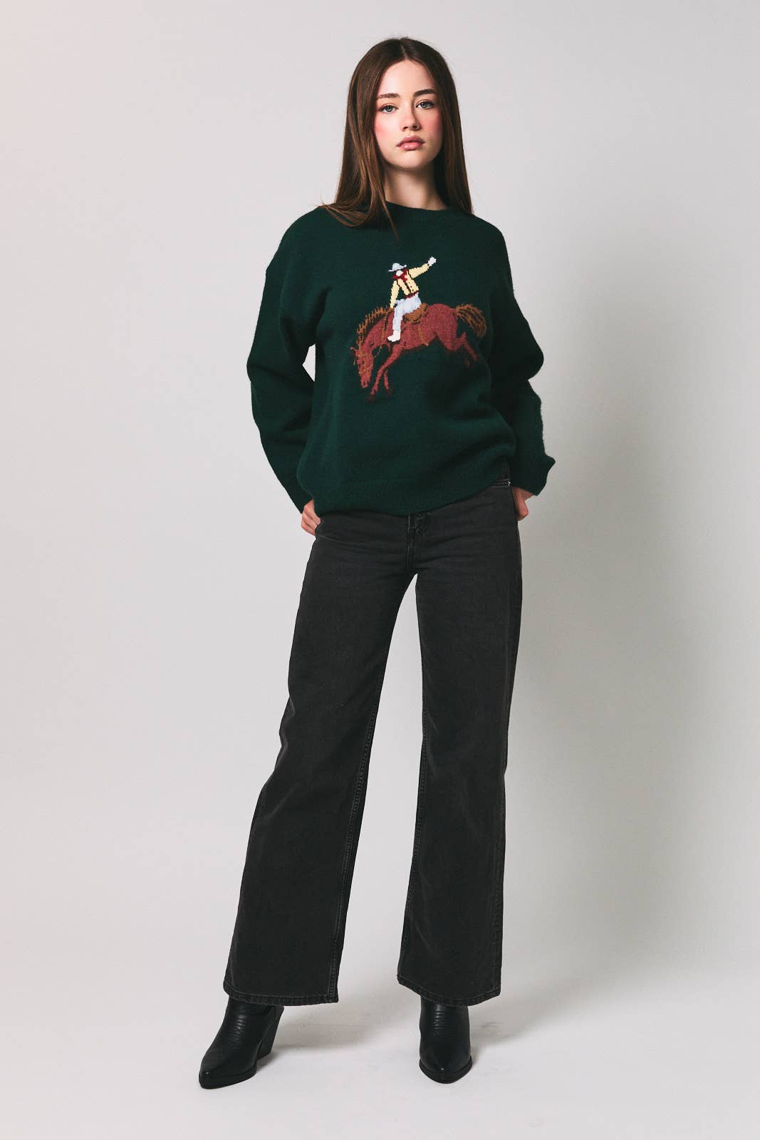 LONG SLEEVE CREW NECK COWBOY GRAPHIC OVERSIZED SWEATER
