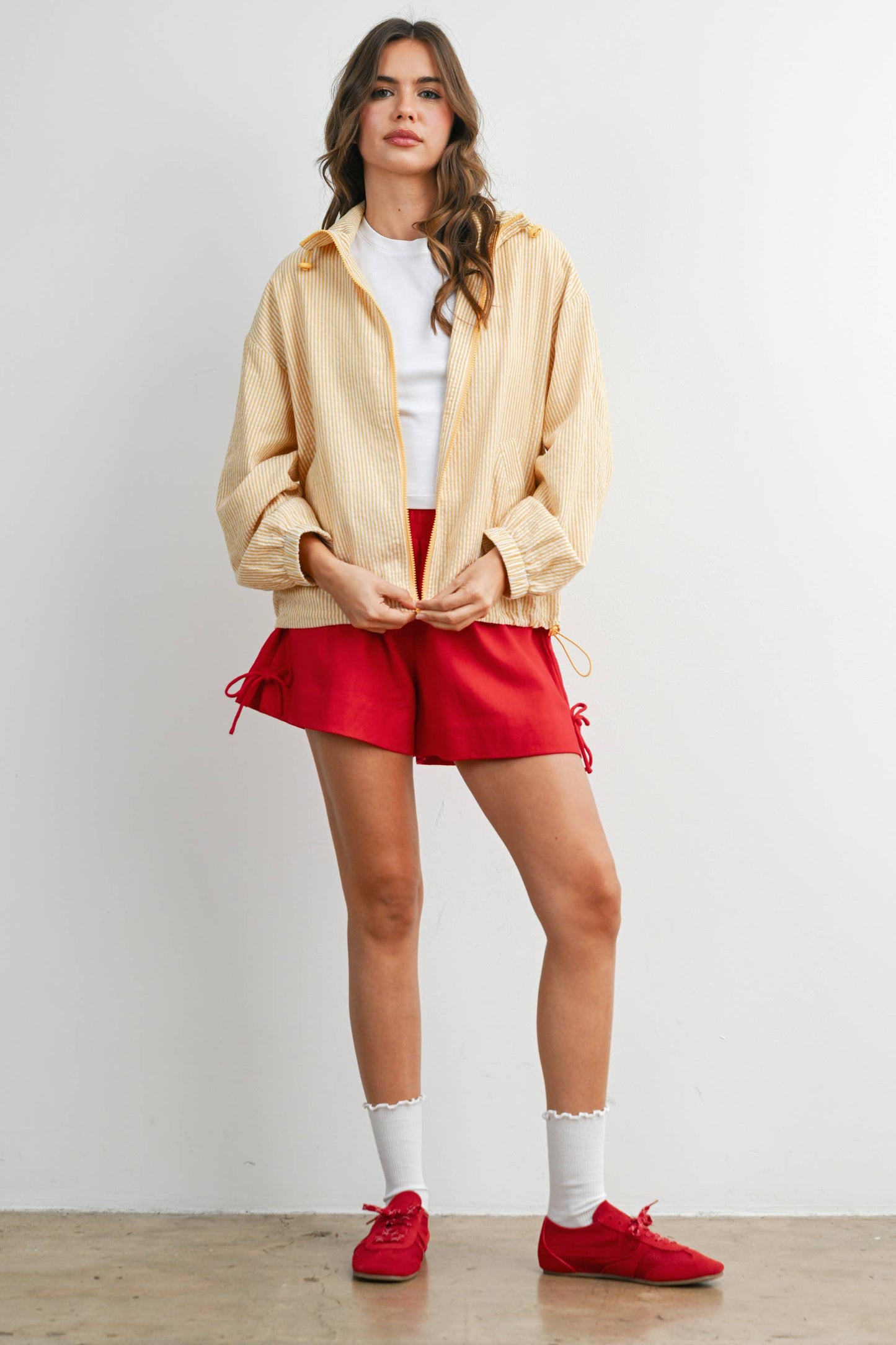 Striped Collared Zip-Front Drawstring Jacket - BMJ7991