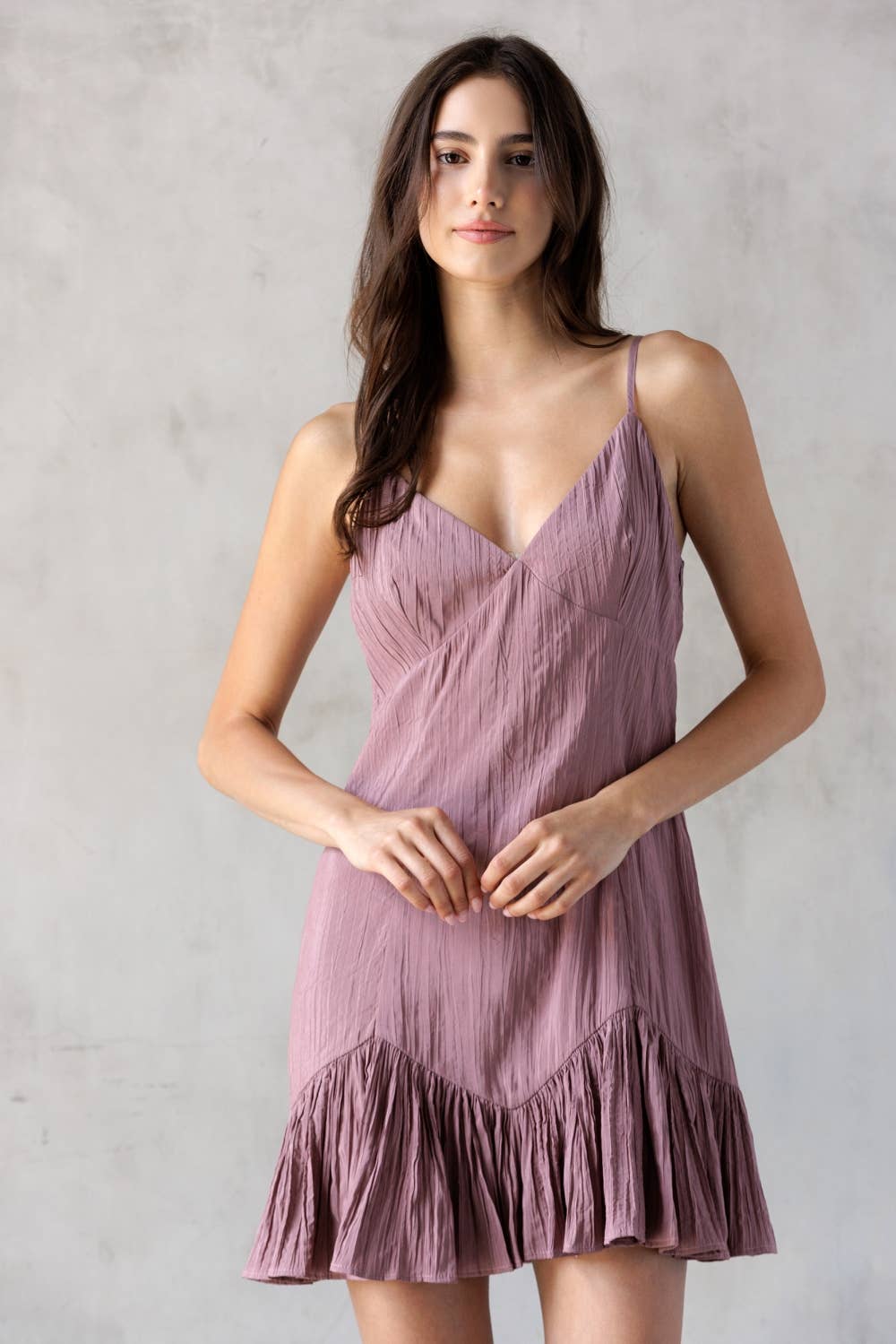 LD2382-RUCHED V-NECK MINI DRESS