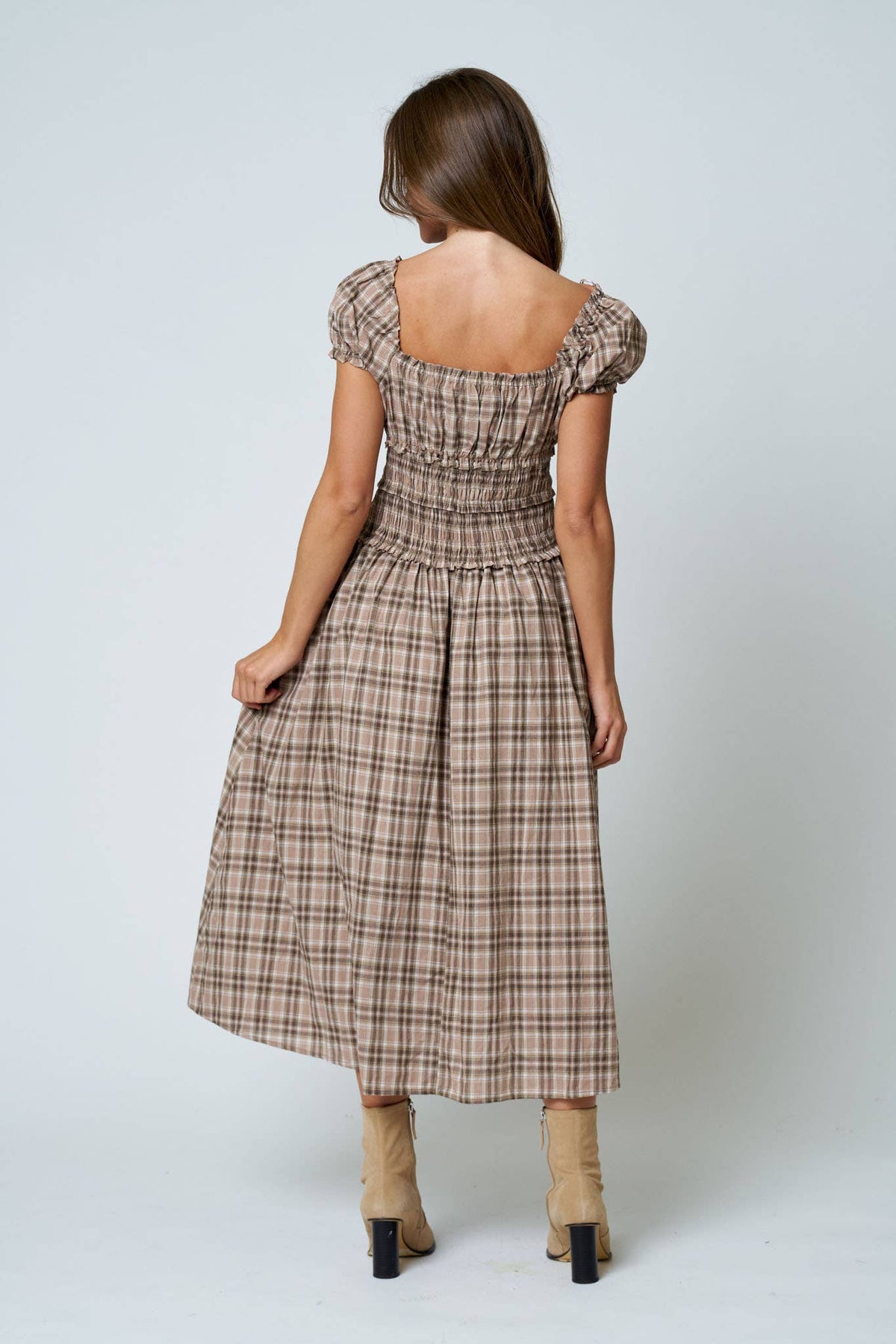 Plaid Smocked Waist Midi Dress