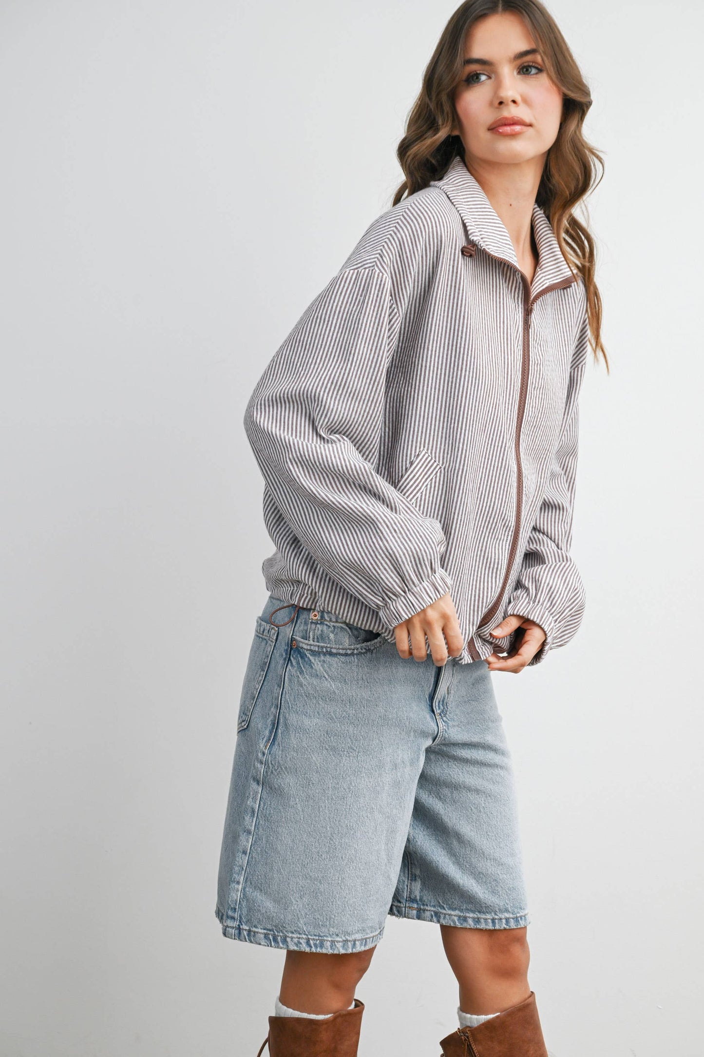 Striped Collared Zip-Front Drawstring Jacket - BMJ7991