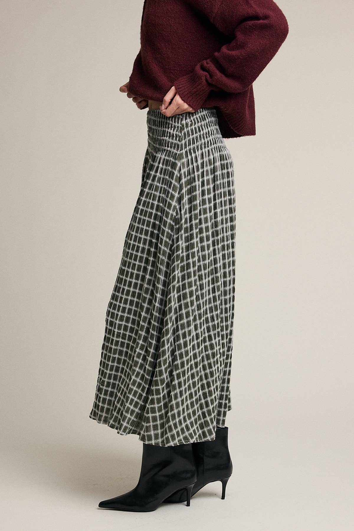 Plaid Smocked Waist Midi Skirt - RS1118