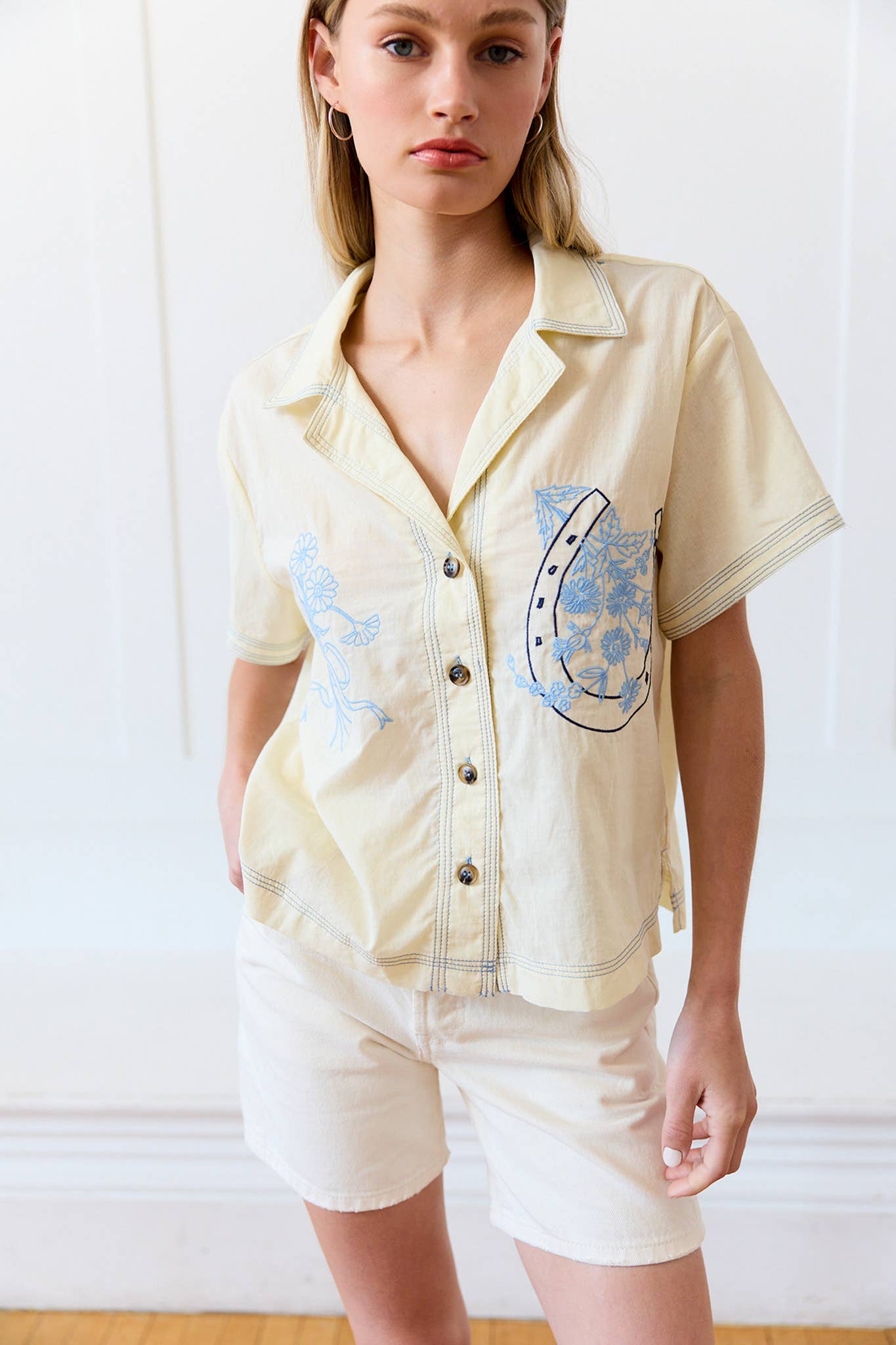 Embroidered Floral & Ribbon Button Up