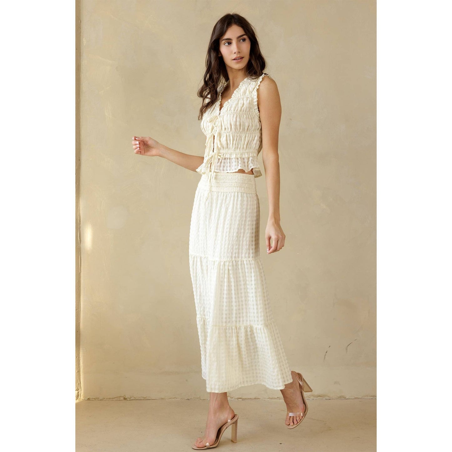 Cream Textured Smocked Blouse