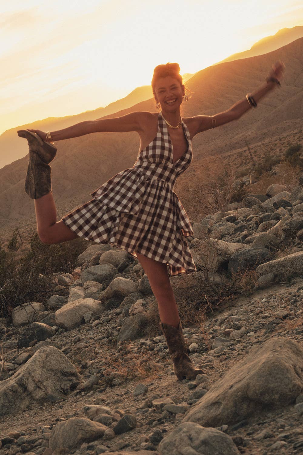 Gingham Plaid Ruffle Peplum V-Neck Halter Romper