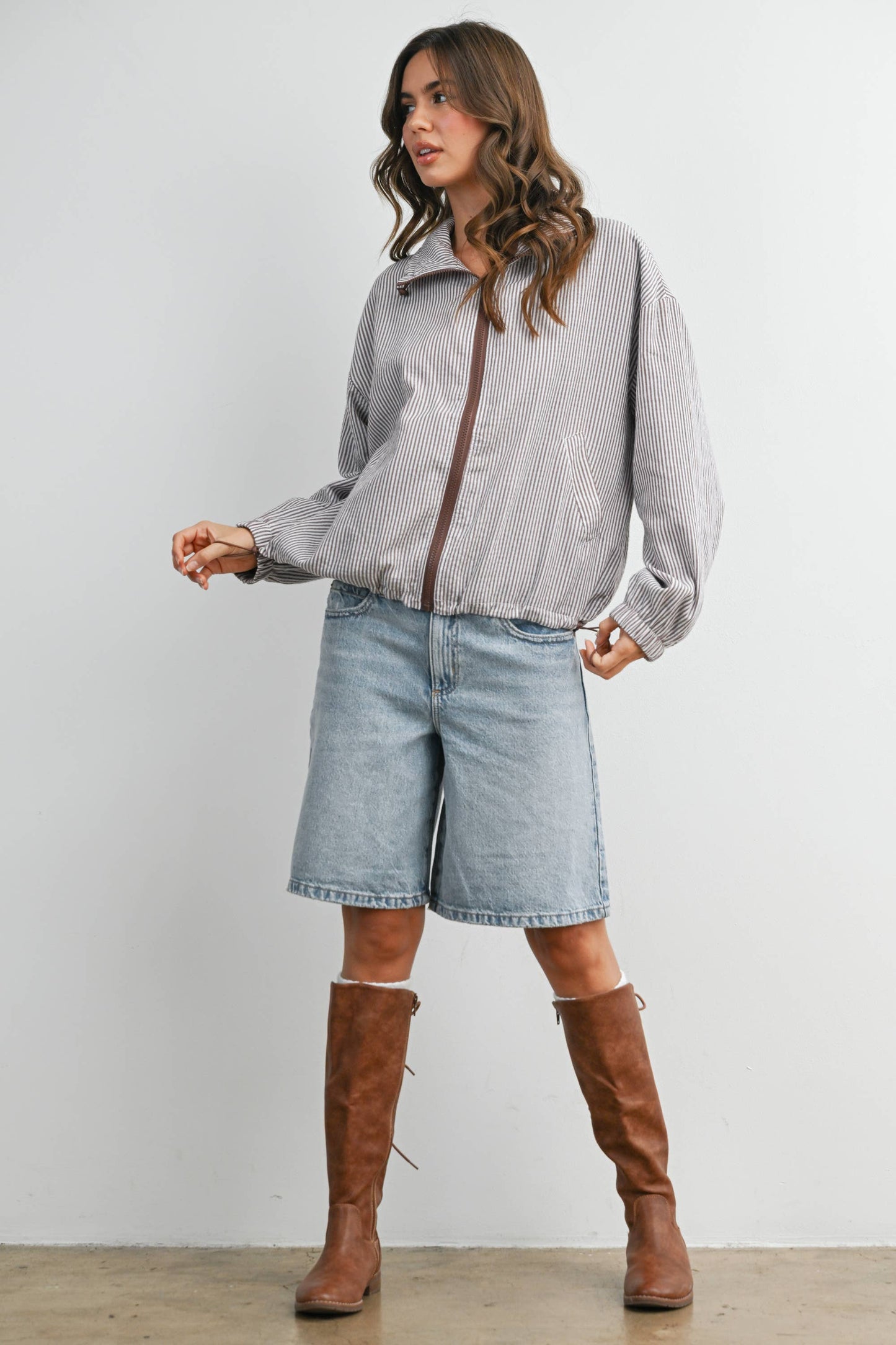 Striped Collared Zip-Front Drawstring Jacket - BMJ7991