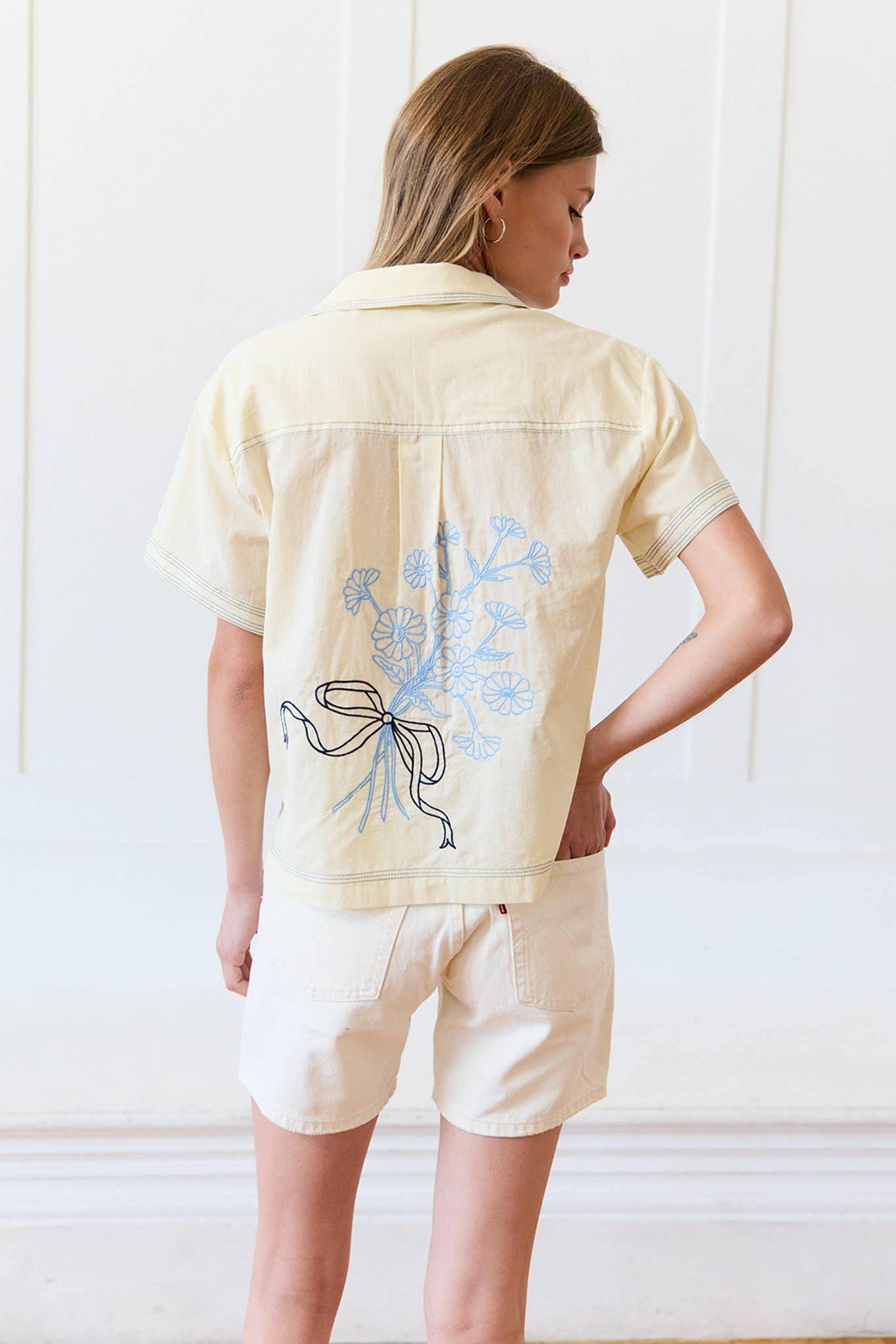 Embroidered Floral & Ribbon Button Up