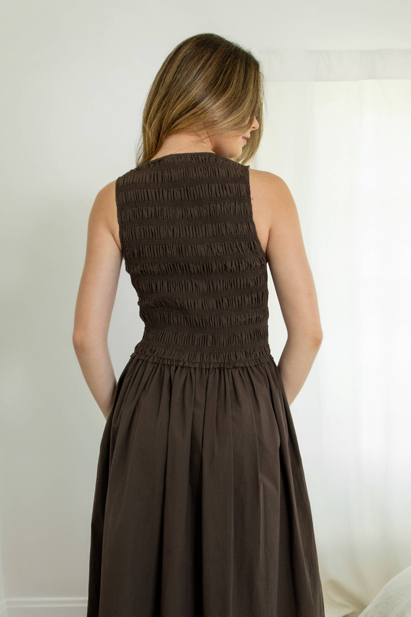 Boat Neck Poplin Smocked Dress