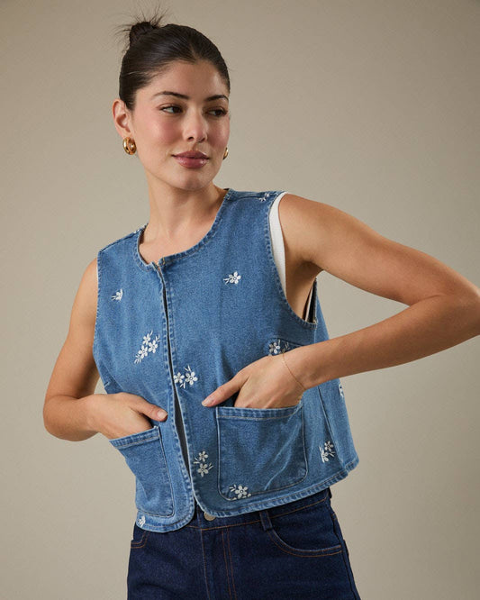 Flower Embroidered Pocket Denim Vest