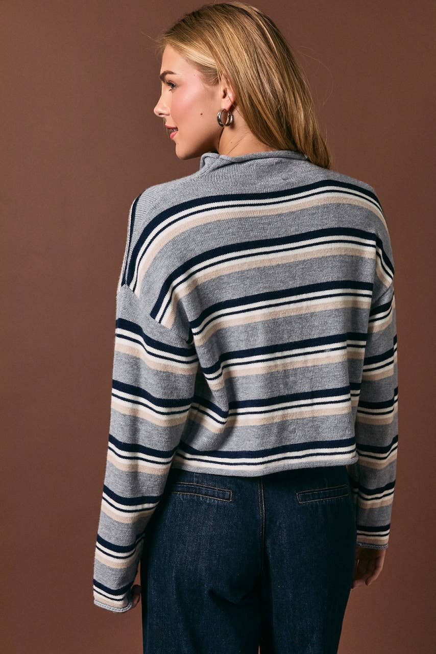 ROLL HEM BUTTONS DETAIL STRIPED CARDIGAN