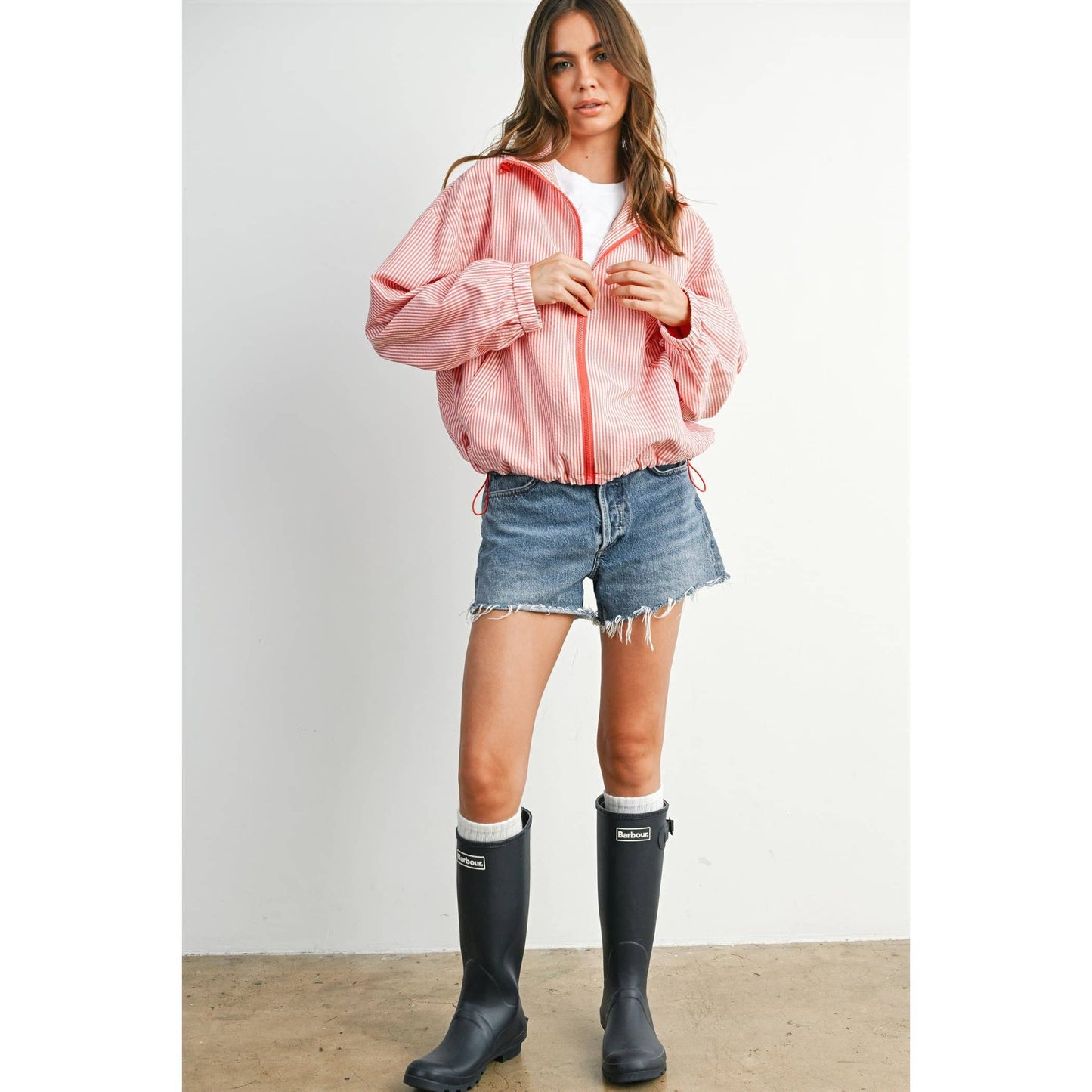 Striped Collared Zip-Front Drawstring Jacket - BMJ7991