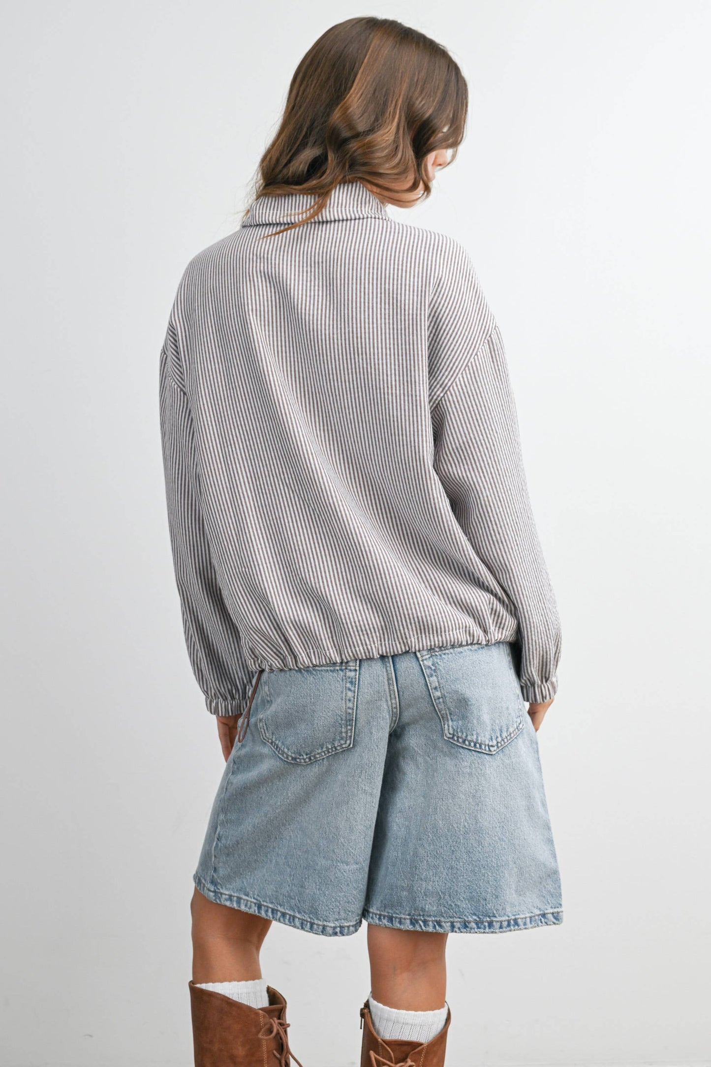 Striped Collared Zip-Front Drawstring Jacket - BMJ7991