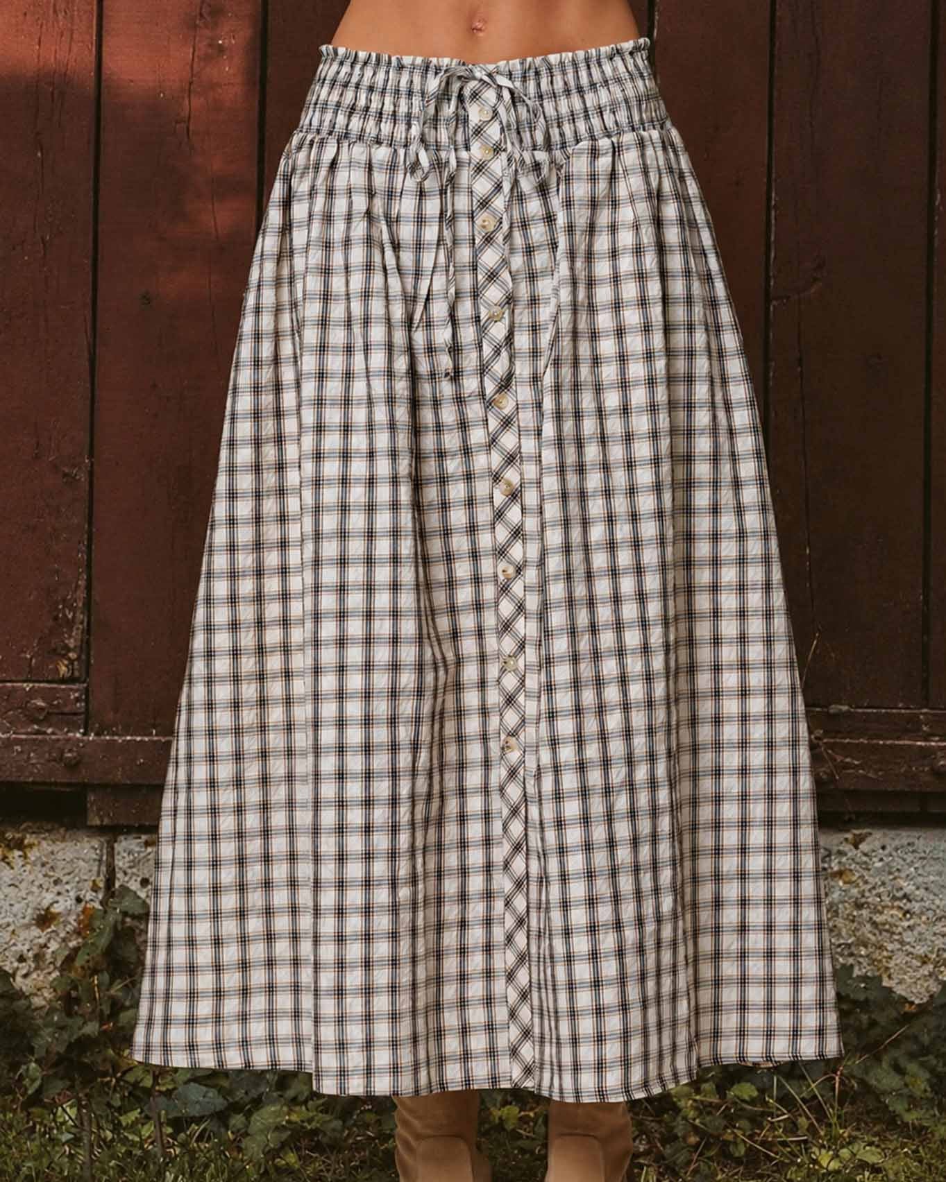 Plaid Smocked Waist Button Down Midi Skirt