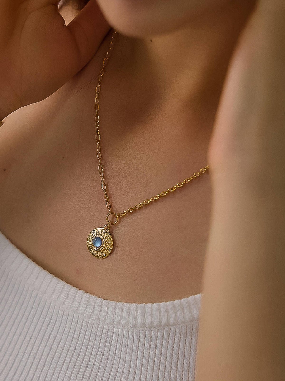 Moonlit 18K Gold Non-Tarnish Blue Stone Medallion Necklace