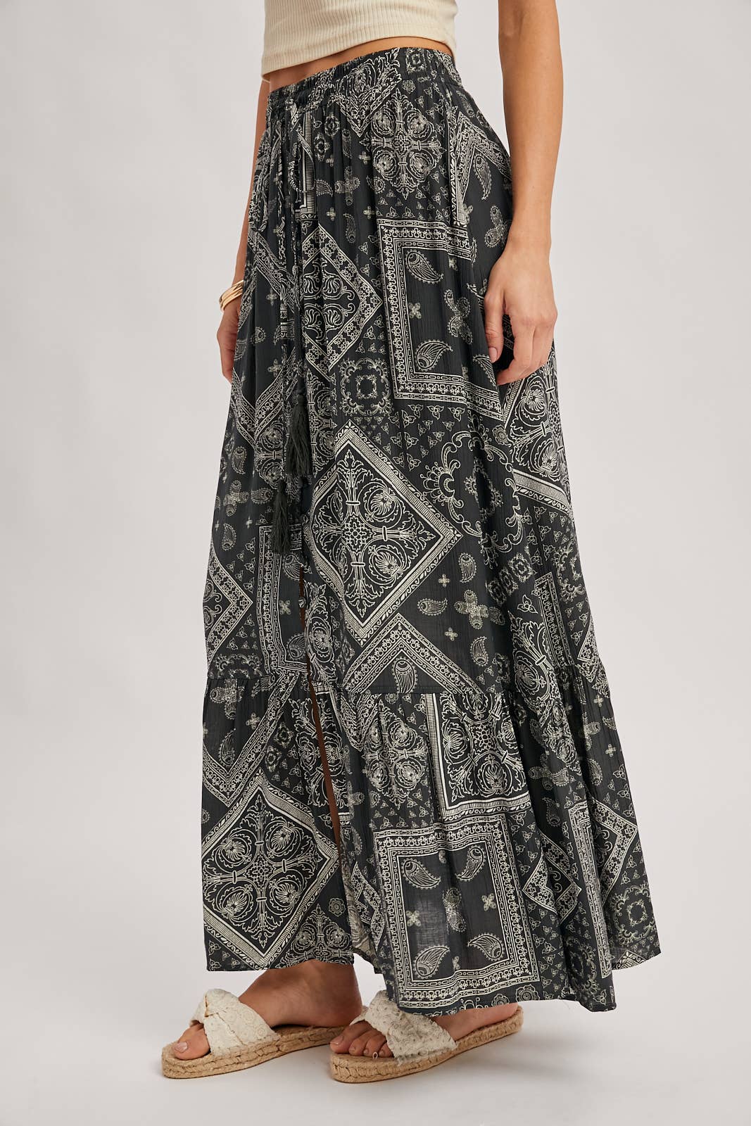 BOHO PRINT TIERED BUTTON DOWN FRONT MAXI SKIRT