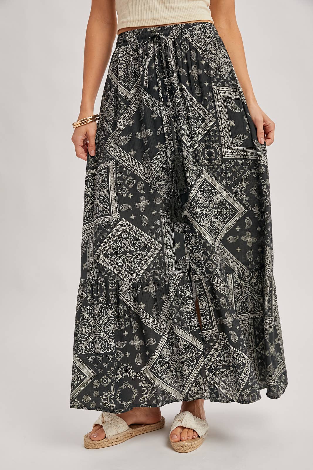 BOHO PRINT TIERED BUTTON DOWN FRONT MAXI SKIRT