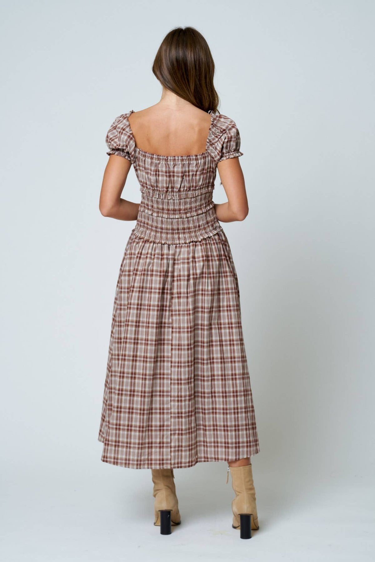 Plaid Smocked Waist Midi Dress