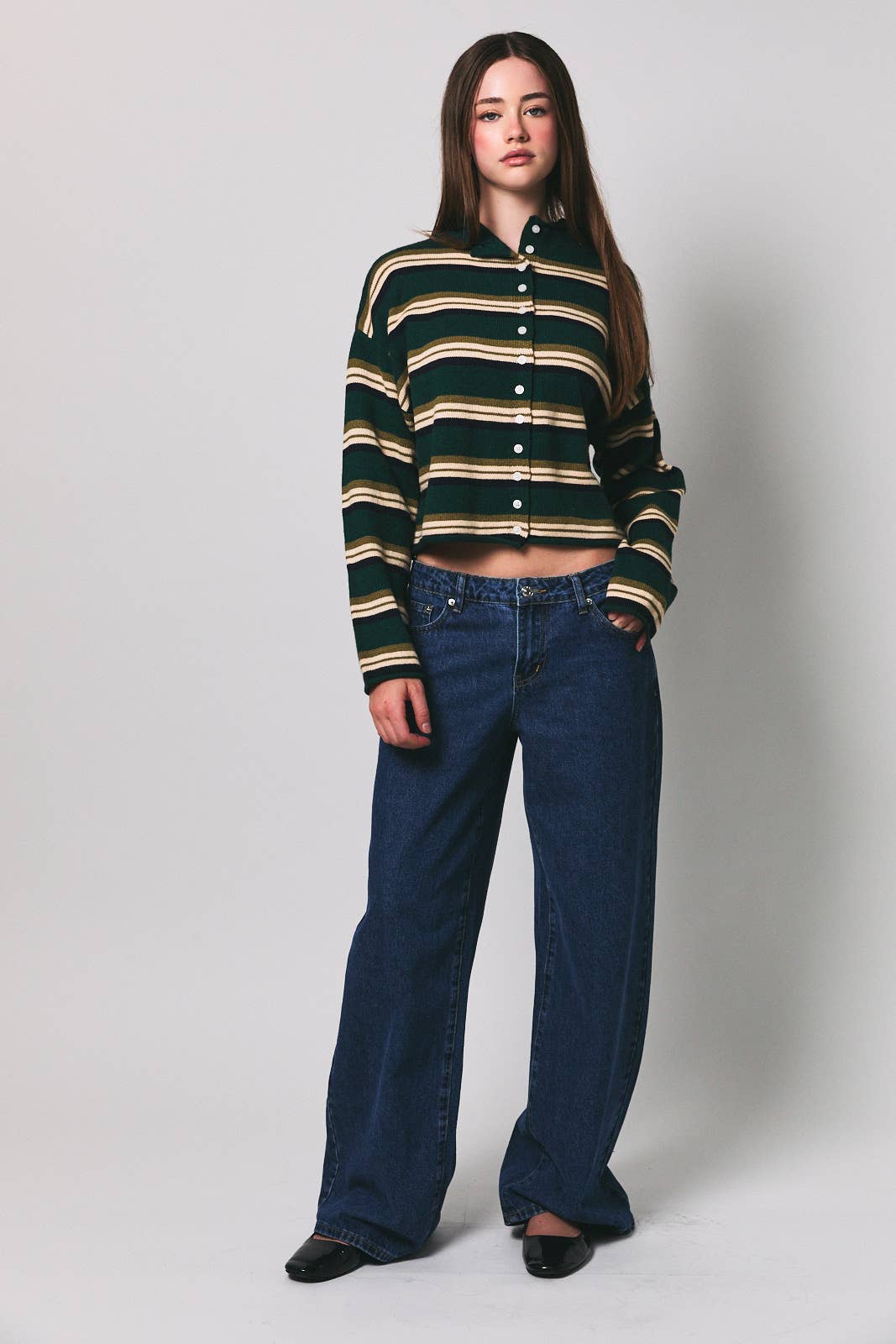 ROLL HEM BUTTONS DETAIL STRIPED CARDIGAN