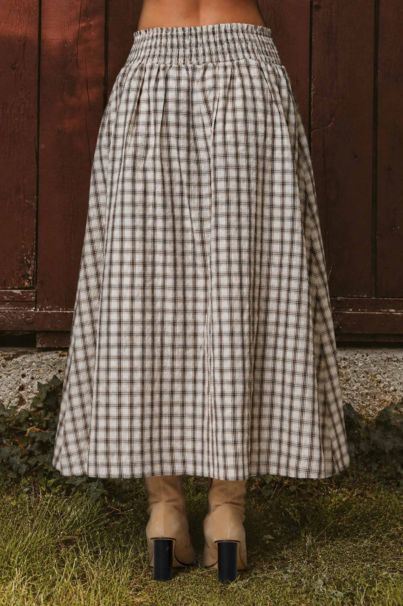 Plaid Smocked Waist Button Down Midi Skirt