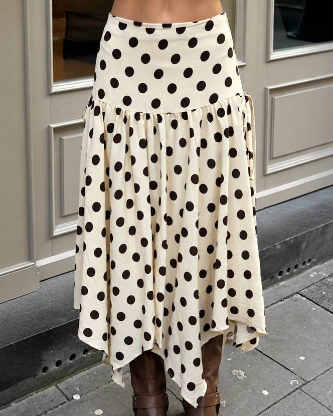 Polka Dot Drop Waist Handkerchief Midi Skirt