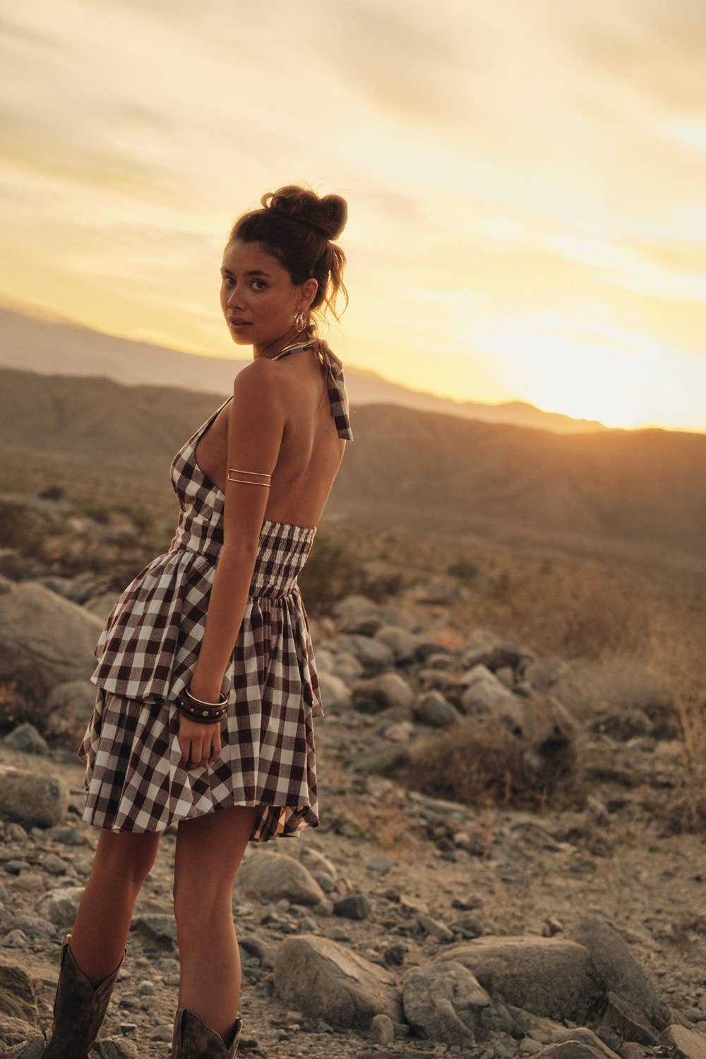 Gingham Plaid Ruffle Peplum V-Neck Halter Romper