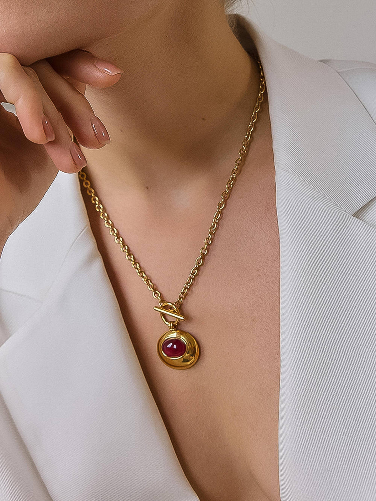 Pine 18K Gold Non-Tarnish Red Stone Pendant Necklace