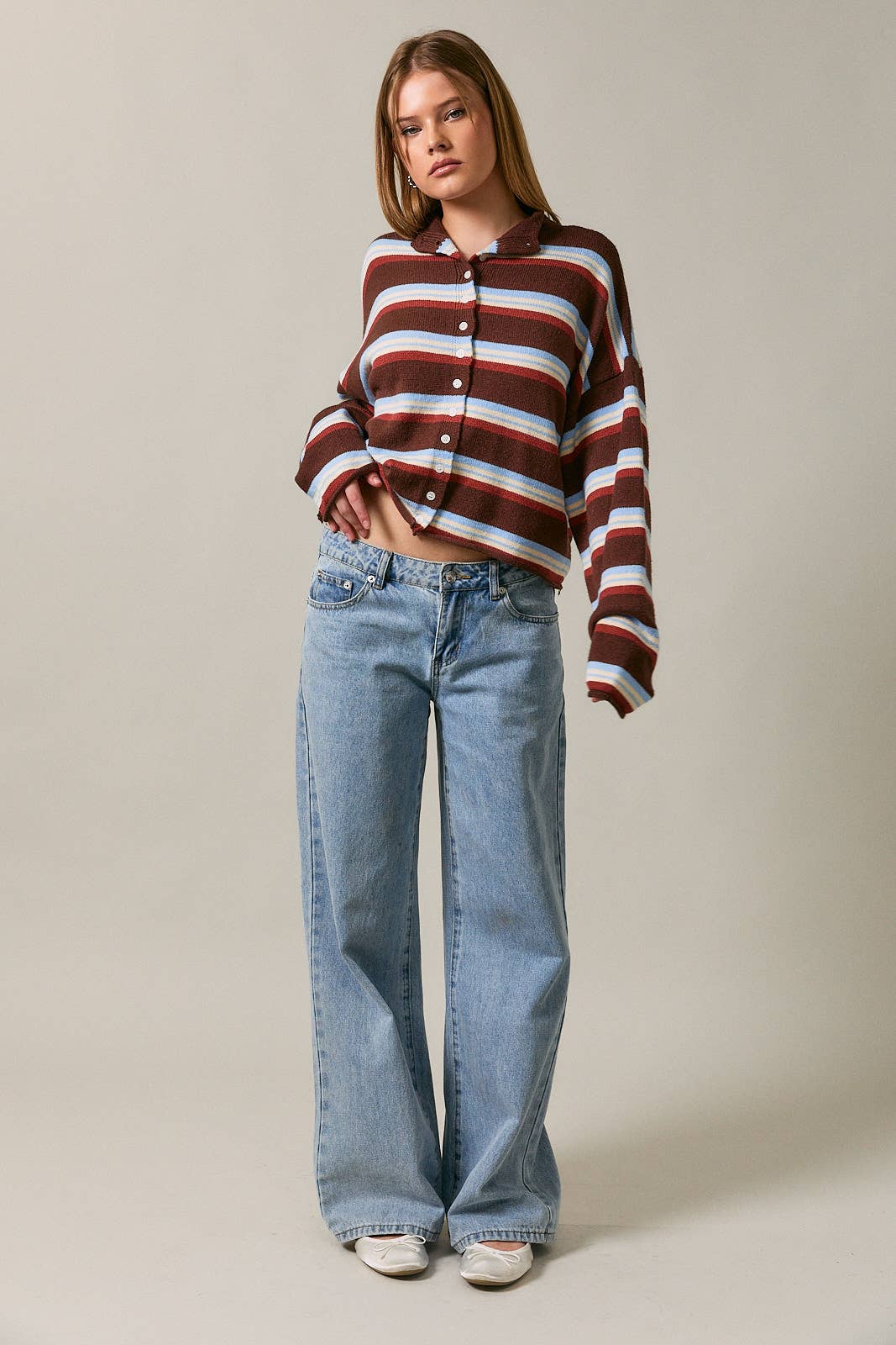 ROLL HEM BUTTONS DETAIL STRIPED CARDIGAN