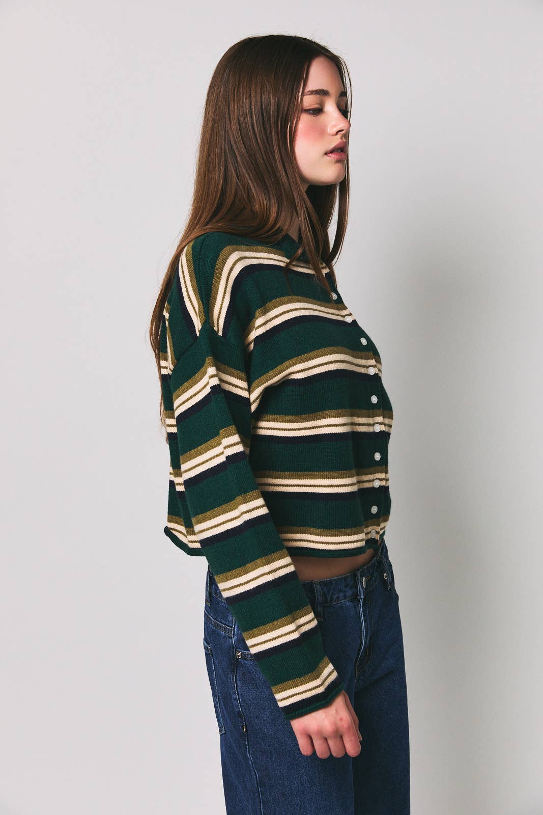 ROLL HEM BUTTONS DETAIL STRIPED CARDIGAN