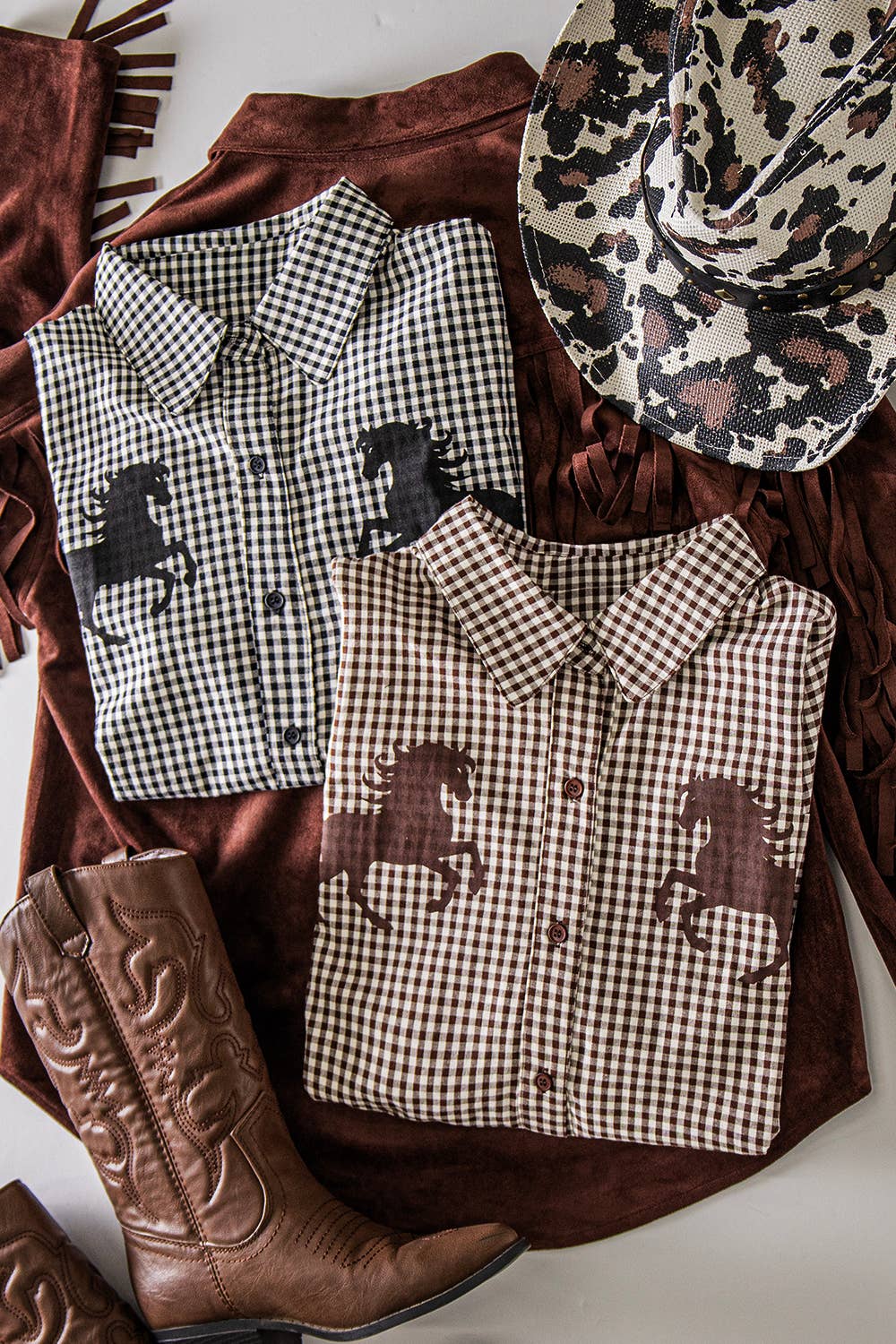 NT12736-Western Horse Gingham Shirt