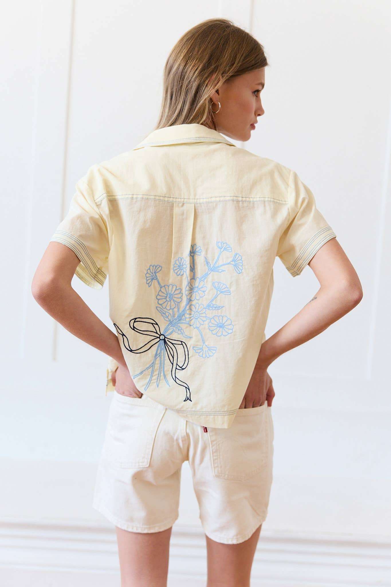 Embroidered Floral & Ribbon Button Up