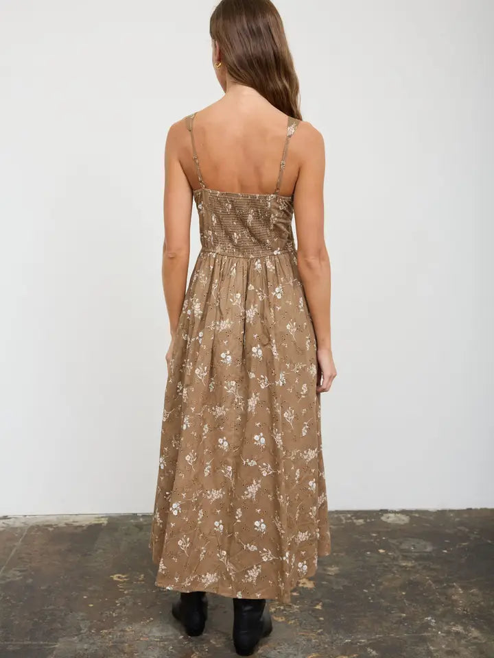 Floral Eyelet Tie Front Corset Midi Dress
