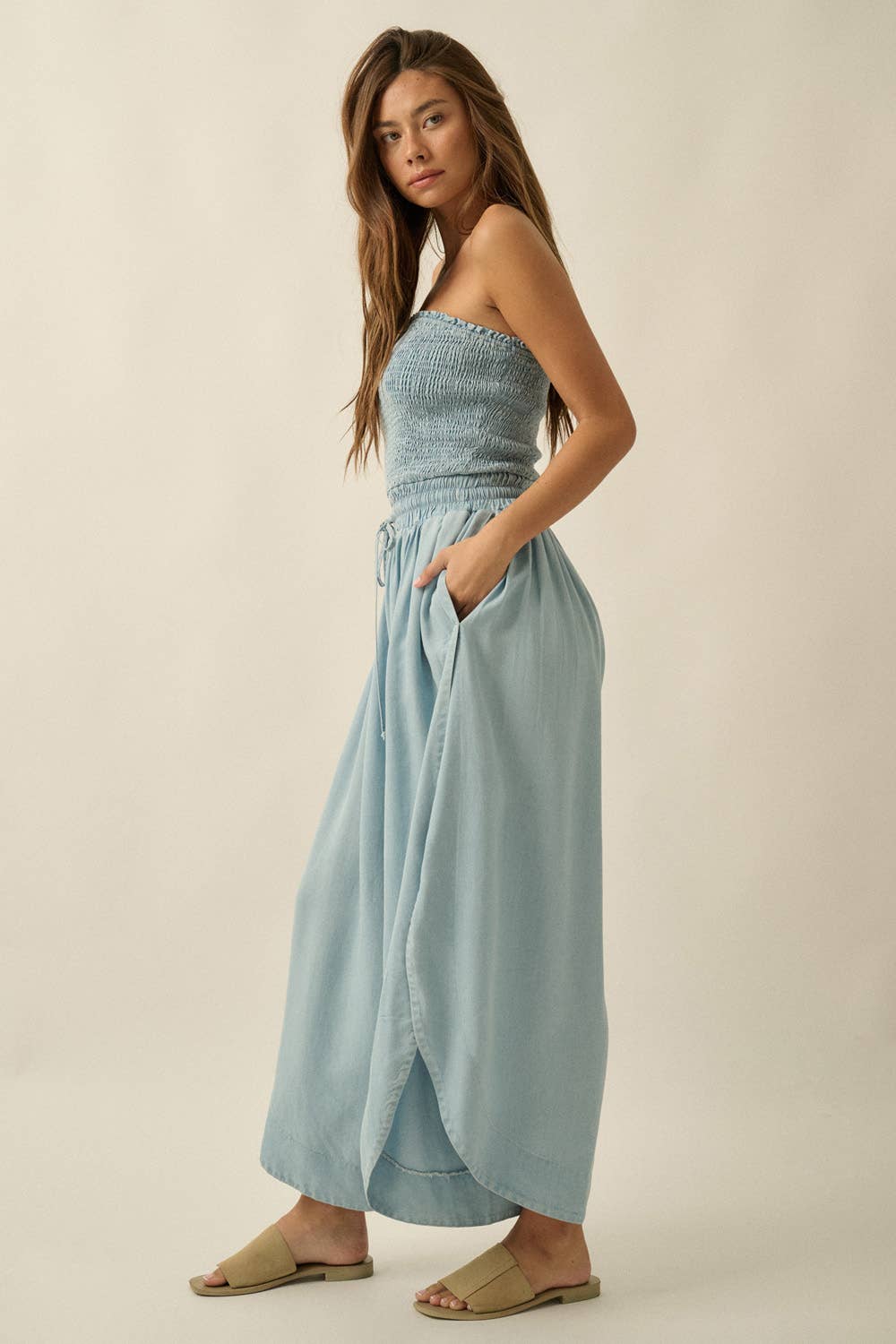 Tencel Denim Smocked Strapless Jumpsuit