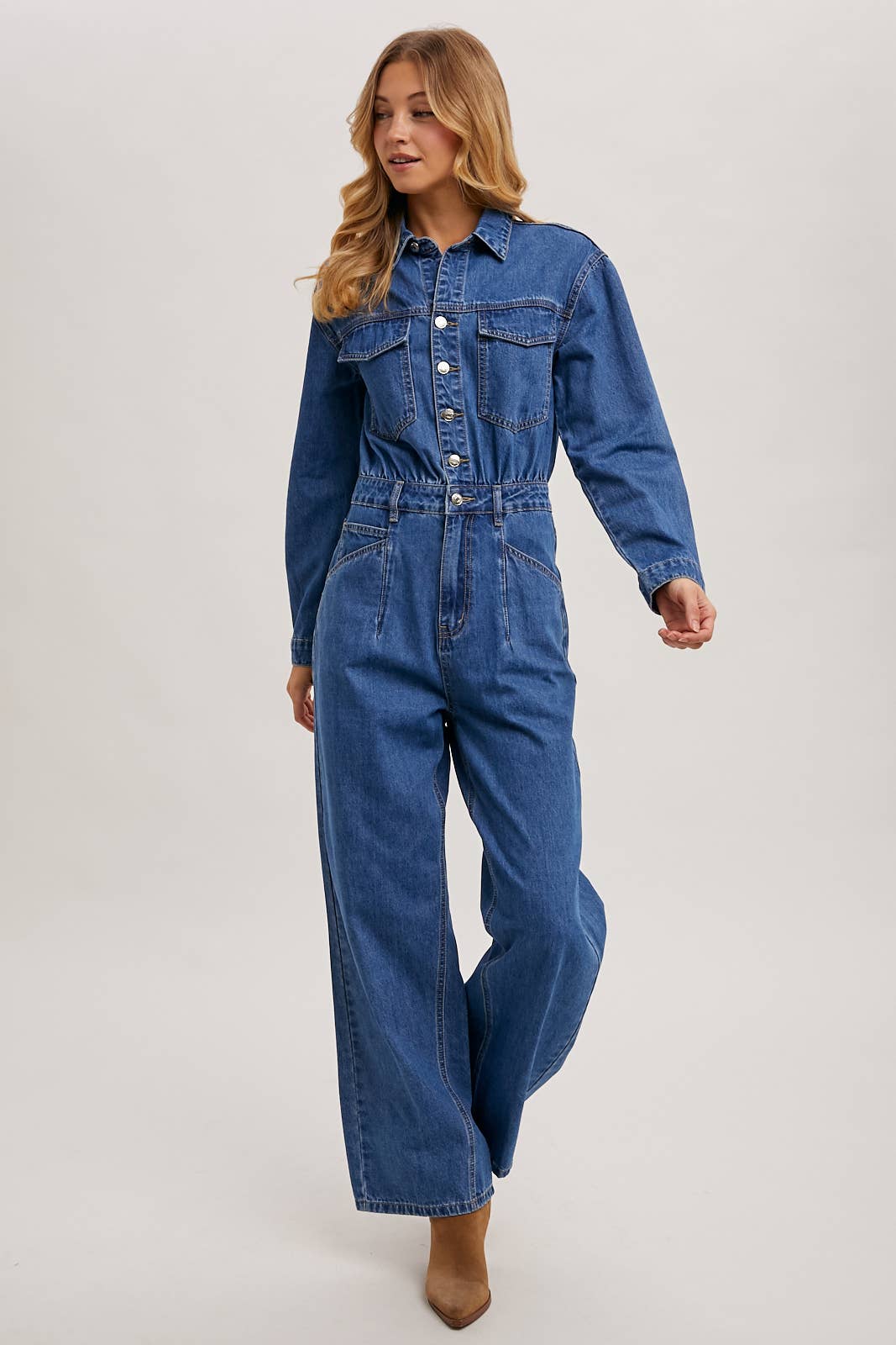Button Down Denim Straight Leg Jumpsuit