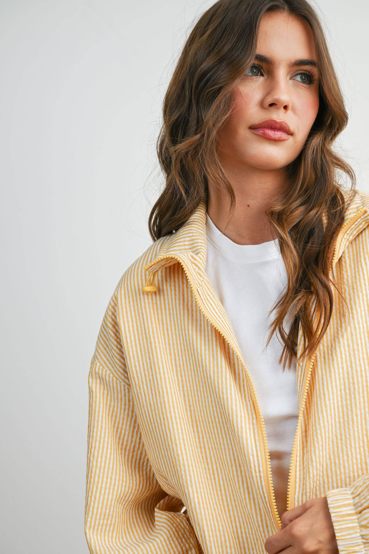 Striped Collared Zip-Front Drawstring Jacket - BMJ7991