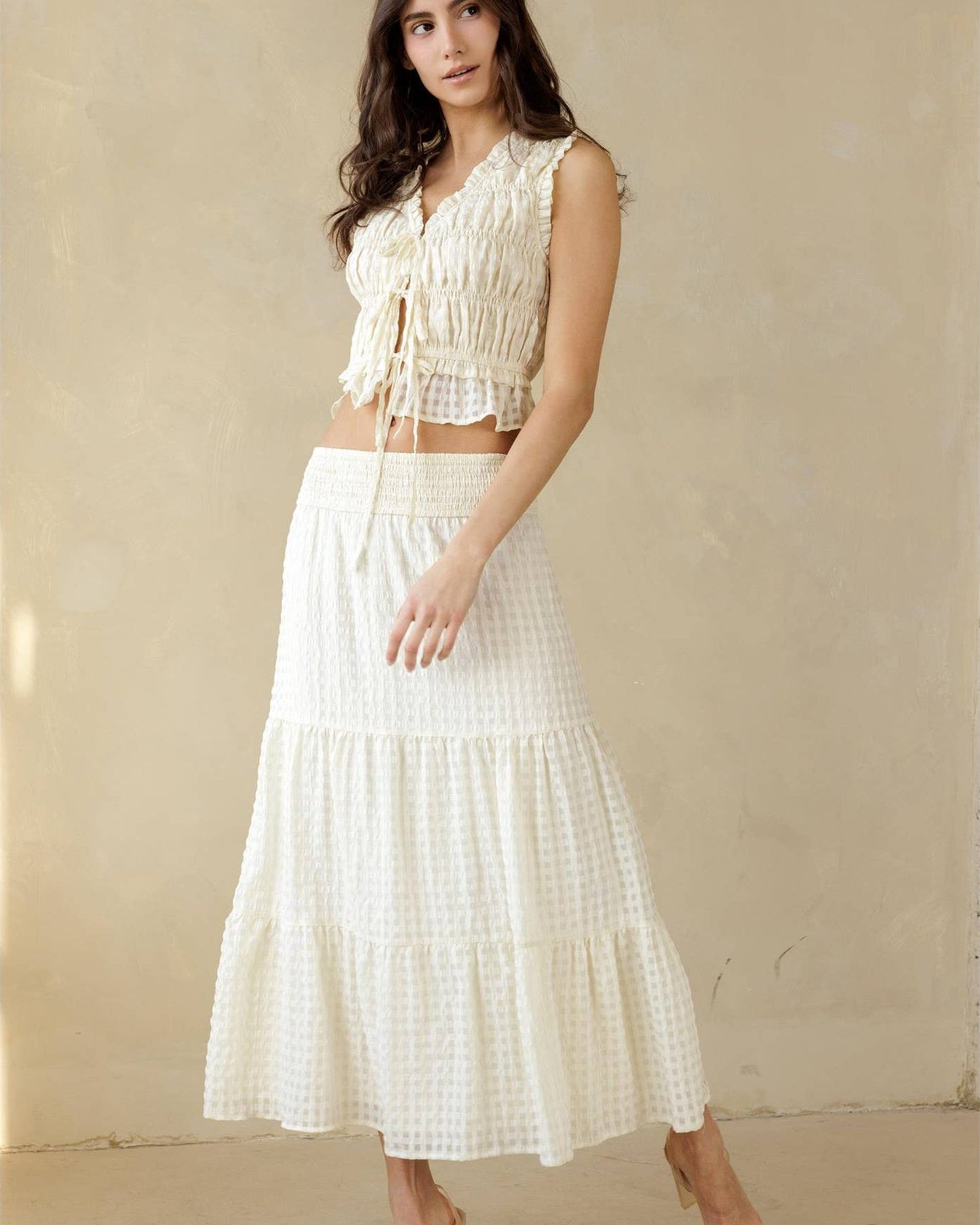 Cream Textured Midi Skirt