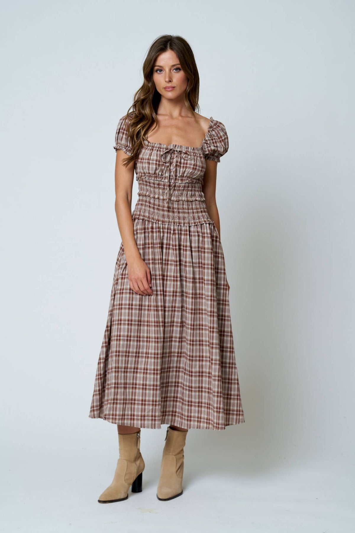 Plaid Smocked Waist Midi Dress